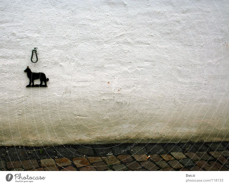 Pfötchenhotel ***** Mauer Wand Fassade Haustier Hund Zeichen trist schwarz weiß Putz leer Symbole & Metaphern Fiffi Karabinerhaken Feuchteschaden verfallen