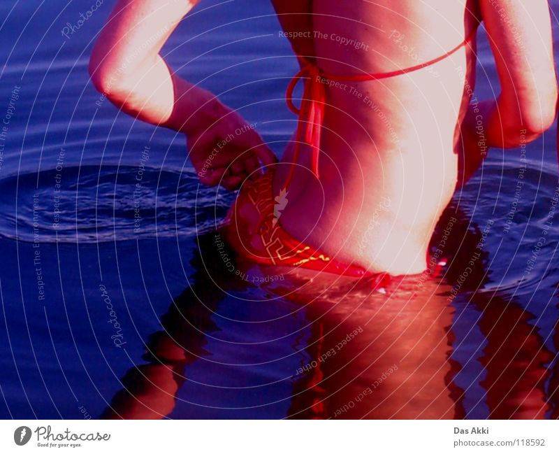 Noch alles dran? Frau Bikini Meer Strand See Sommer schön attraktiv Sonnenbad Gesäß feminin Körperhaltung Rückseite Spiegel Reflexion & Spiegelung Hüfte Wasser
