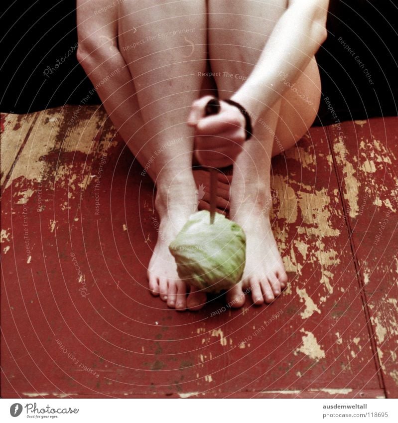 Jetzt hab ich den Salat feminin Hand Zehen schwarz Gefühle analog Ernährung Eisbergsalat Kohl grün nackt töten self Beine Fuß Bodenbelag . rot negativscan color