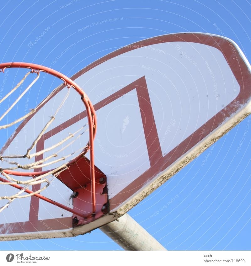 Basketcase II Spielen Sport Ballsport werfen blau Basketballkorb Korb Farbfoto Außenaufnahme Menschenleer Textfreiraum oben Tag Froschperspektive