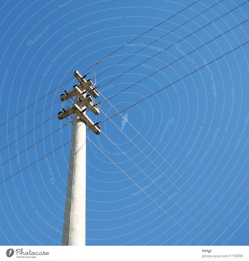 Energie-Kreuzung Energiewirtschaft Elektrizität Strommast Draht groß vertikal stehen Länge quer lang dünn Beton verbinden grau kreuzen Elektrisches Gerät