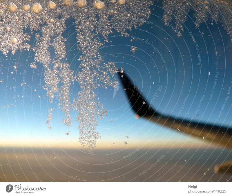 in luftiger Höhe... Flugzeug Luft Ferien & Urlaub & Reisen Eisblumen Eiskristall Fenster Fensterscheibe Flugzeugfenster glänzend Sonnenaufgang Farbverlauf