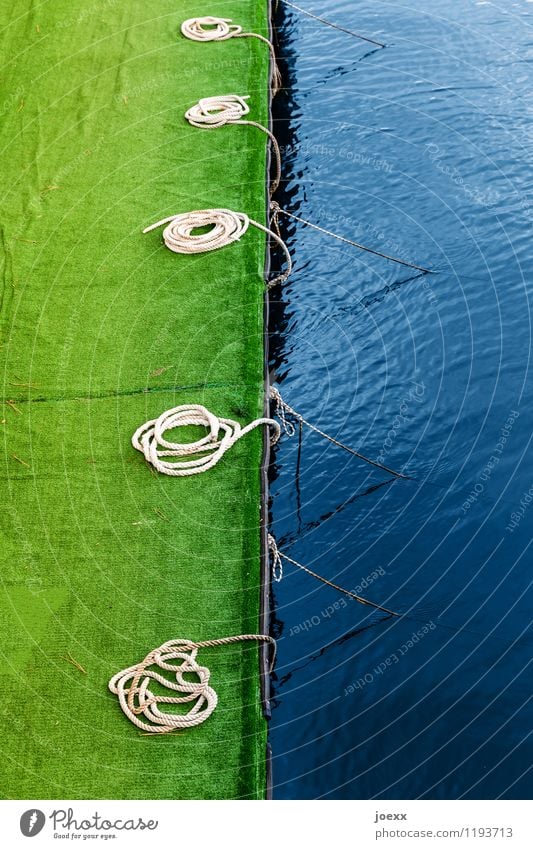Anlagemöglichkeit Wasser Menschenleer Hafen Schifffahrt Seil rund blau grün Anlegestelle Kunstrasen Farbfoto Außenaufnahme Tag Starke Tiefenschärfe