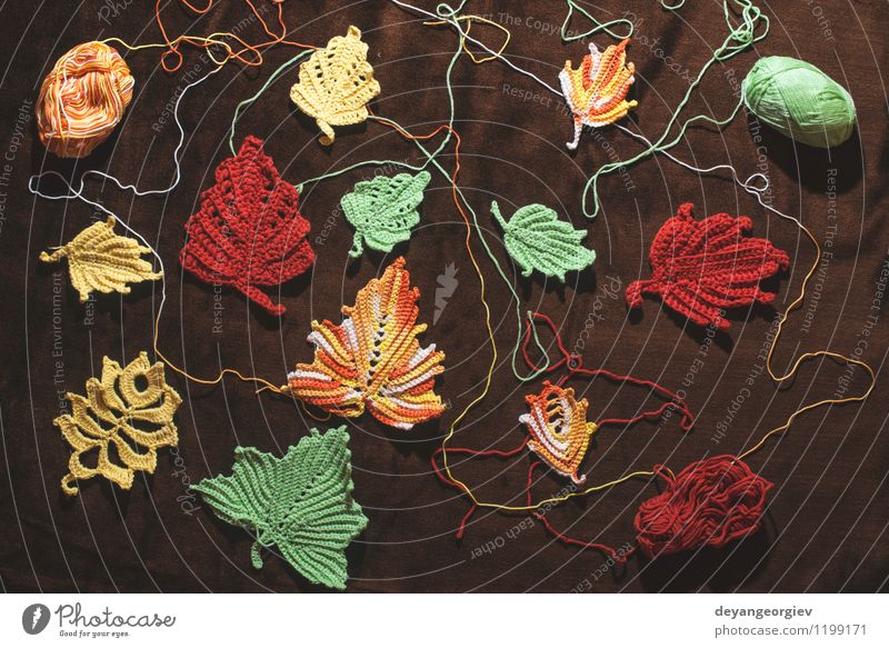 Gestrickte Herbstblätter auf braunem Textil Glück schön stricken Erntedankfest Natur Blatt Pullover Hut gelb rot fallen gestrickt Hintergrund Jahreszeiten Ahorn