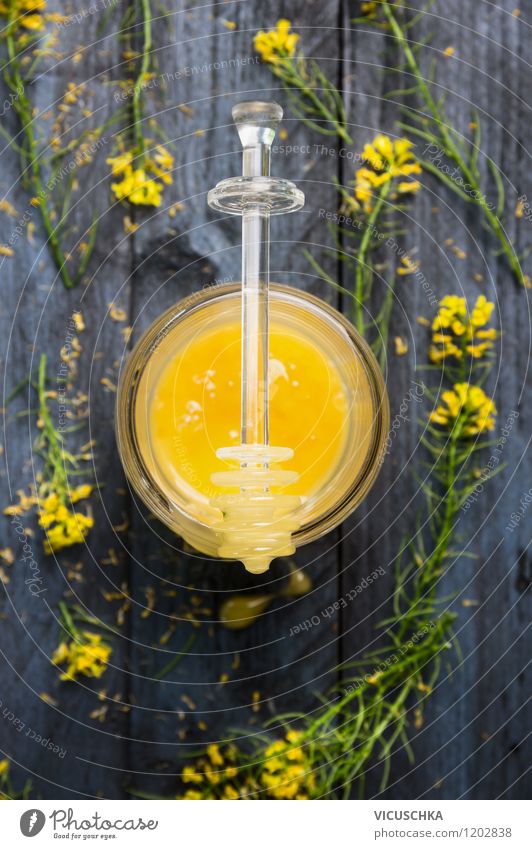 Raps Honig mit frischen Blüten Lebensmittel Dessert Süßwaren Ernährung Bioprodukte Vegetarische Ernährung Diät Glas Löffel Stil Design Alternativmedizin