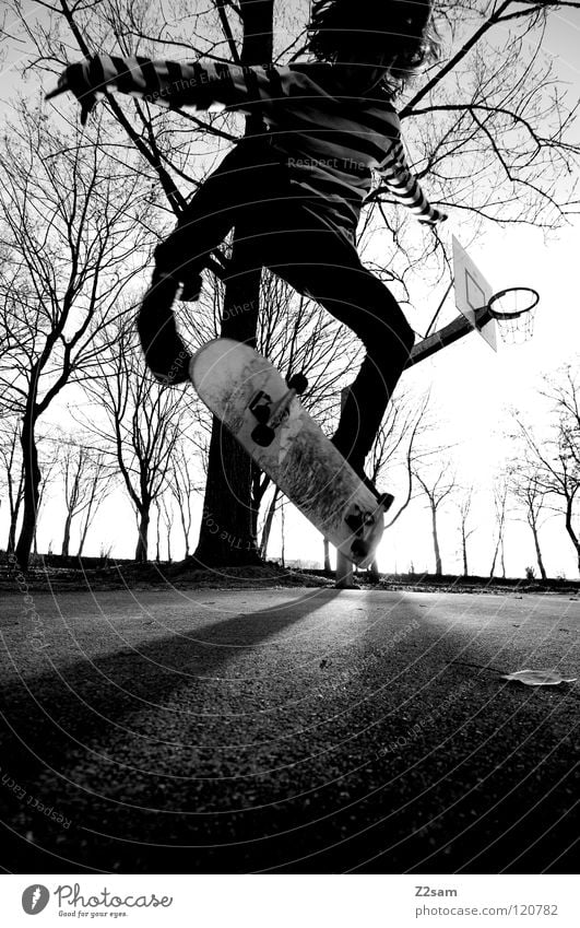kickflip Abenddämmerung Aktion Skateboarding Zufriedenheit Kickflip Salto springen gestreift Teer Beton Licht Baum Weitwinkel Jugendliche Sport Funsport Mensch