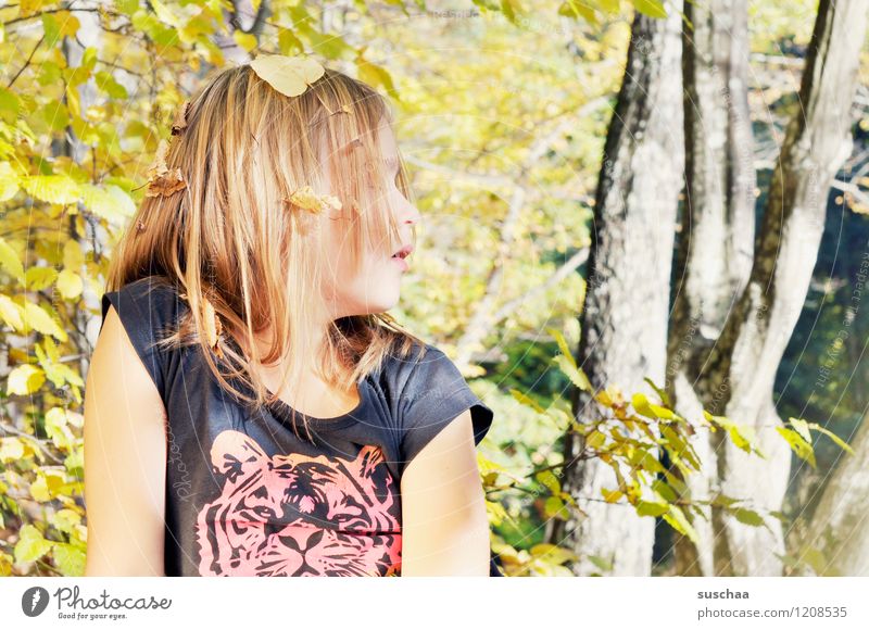 waldfee . Kind Mädchen Kopf Haare & Frisuren Profil Wald Blatt Baumstamm Natur Außenaufnahme Herbst