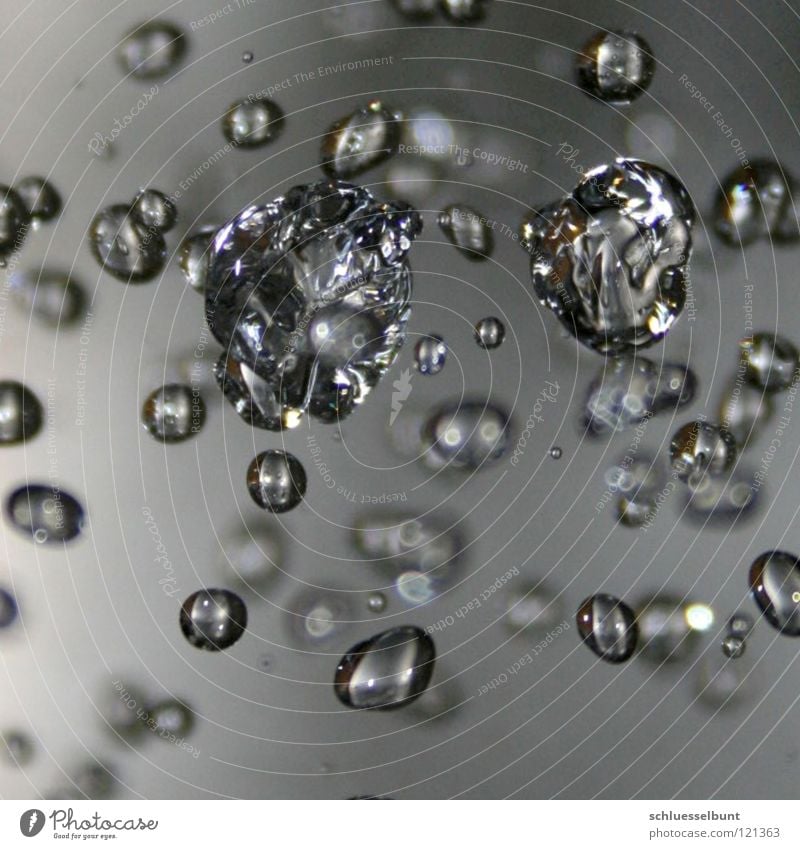 Drops I steigend Flüssigkeit Regen Makroaufnahme Nahaufnahme Wasser Wassertropfen blasen molekular Kristal Dynamik abfallend Raum