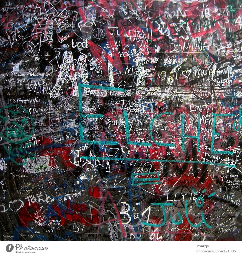 ALLEZ mehrfarbig Schriftzeichen Wand Beschriftung Filzstift durcheinander unordentlich Typographie Collage Plakette Straßenkunst Kunst Kultur Unterschrift