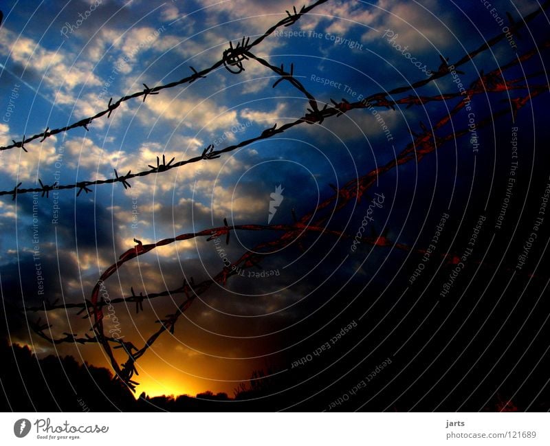 Freiheit Wolken Sonnenuntergang Zaun Stacheldraht gefangen Himmel Detailaufnahme Abentrot Justizvollzugsanstalt unfrei jarts
