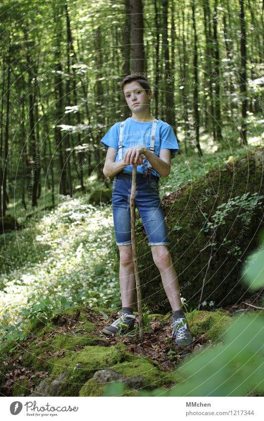Stehen wandern Junge Kindheit 1 Mensch 8-13 Jahre Umwelt Natur Sonne Sommer Park Wald Hosenträger Stock Wanderstock beobachten entdecken festhalten stehen