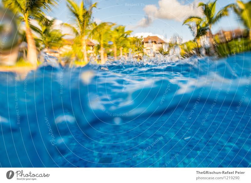 Pool Party III Wasser Wassertropfen blau braun gelb gold grün weiß Unterwasseraufnahme Unterwasserkamera Hotel Resort Mauritius Palme nass feucht Erfrischung