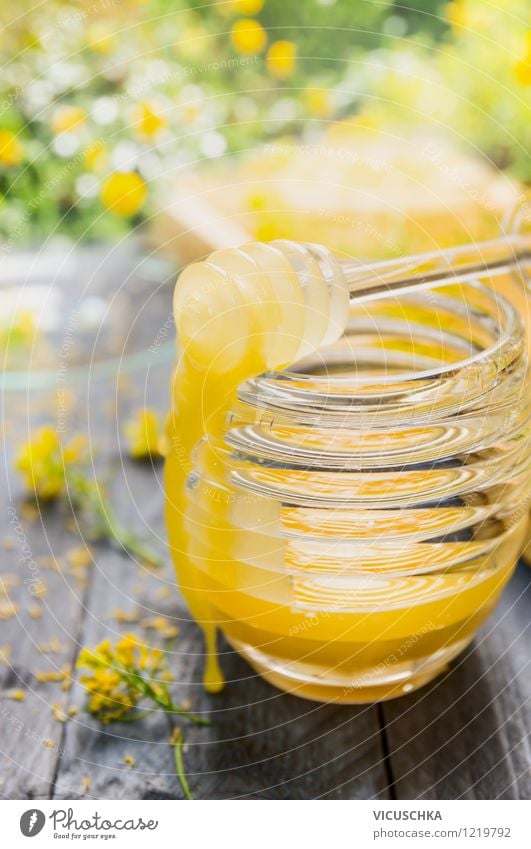 Sommer Honig Lebensmittel Süßwaren Ernährung Frühstück Bioprodukte Vegetarische Ernährung Diät Glas Löffel Stil Design Alternativmedizin Gesunde Ernährung