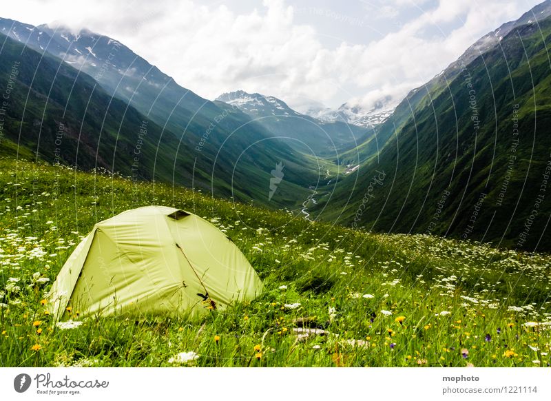 Campingplatz Ausflug Abenteuer Sommer Berge u. Gebirge wandern Natur Landschaft Himmel Wolken Klima Wetter Gras Wiese Hügel Alpen Schneebedeckte Gipfel Schweiz