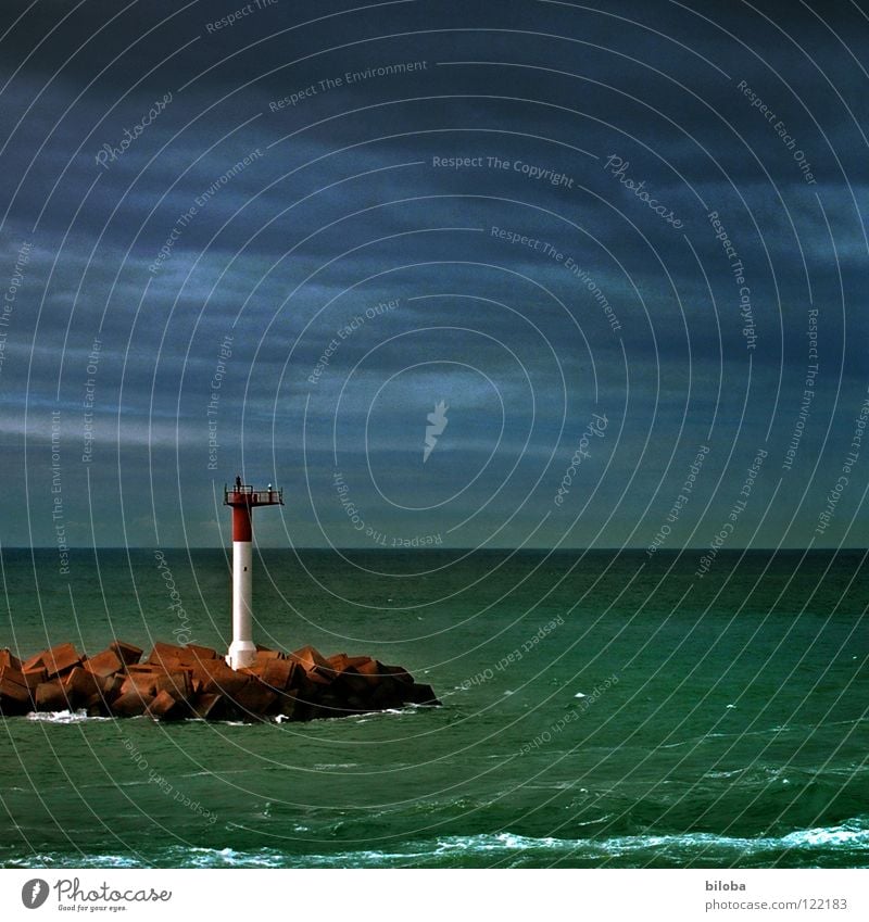 Leuchtturm II Orientierung begleiten Begleiter sozial gehen England Nebel Möwe Meer grün dunkel Licht Strahlung Horizont ungewiss Fernweh Trauer führen Richtung