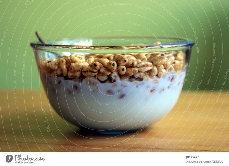 Cerealien zum Frühstück Milch Müsli Löffel Tisch Holz grün Wand Küche lecker Milcherzeugnisse Gastronomie Zufriedenheit Ernährung Schalen & Schüsseln