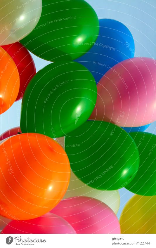- schön grün bunt - Freude Dekoration & Verzierung Karneval Himmel Luftballon blau gelb orange rosa weiß Farbe flattern Schweben Menschenleer Textfreiraum rund