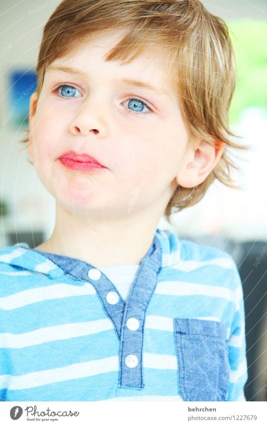 S (aufrech) Kind Junge Kindheit Kopf Haare & Frisuren Gesicht Auge Ohr Nase Mund Lippen 3-8 Jahre blond langhaarig beobachten Coolness schön blau Farbfoto