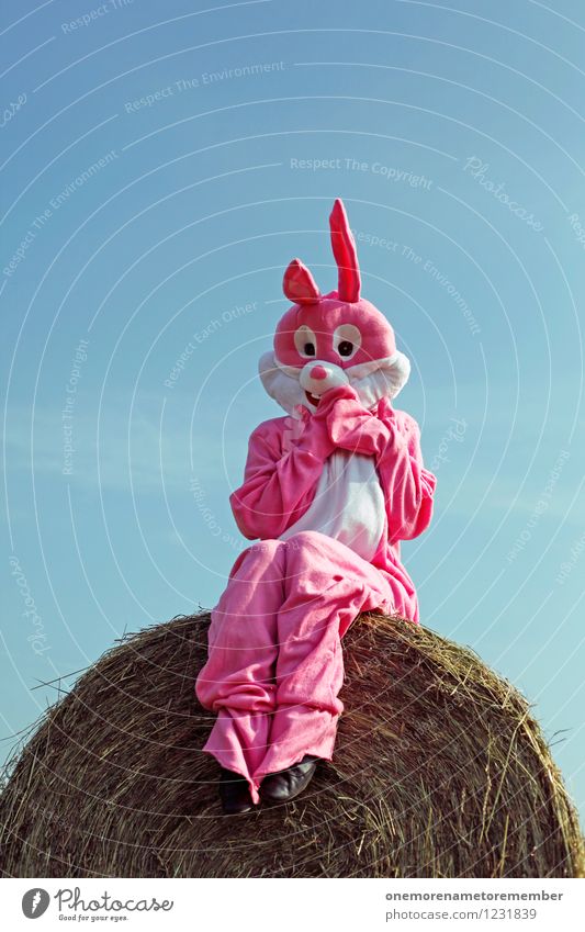 hoher Hase Kunst Tier Haustier Nutztier ästhetisch erschrecken sitzen Strohballen Blauer Himmel Karnevalskostüm verkleiden rosa Scham Schüchternheit Möbel Möhre
