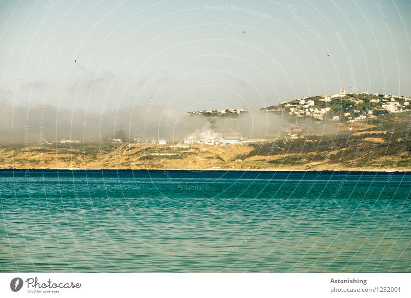 der Nebel kommt Umwelt Natur Landschaft Pflanze Luft Wasser Himmel Wolken Sommer Wetter Sträucher Hügel Meer Mittelmeer Tanger Marokko Afrika Stadt blau gelb
