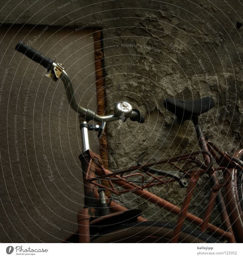 rostbeule Fahrrad Oldtimer Rad Hinterhof Gitter Einfahrt Abstellplatz Billig ökologisch Klimaschutz Gummi Silhouette Ständer Mauer Rücklicht Kotflügel Felge