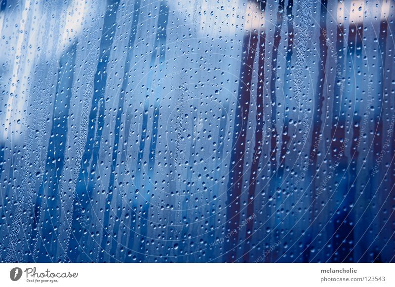 drops nass Fenster Streifen durchsichtig weiß rot braun kalt Physik Wasser Wassertropfen blau Glas Wärme Regen gelehrt Wasserdampf Innenaufnahme