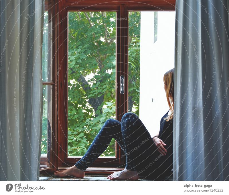 . Schlafzimmer feminin Junge Frau Jugendliche Erwachsene Leben 18-30 Jahre Neugier Sehnsucht Fernweh Fensterblick Aussicht Sommer verträumt ruhig Erholung