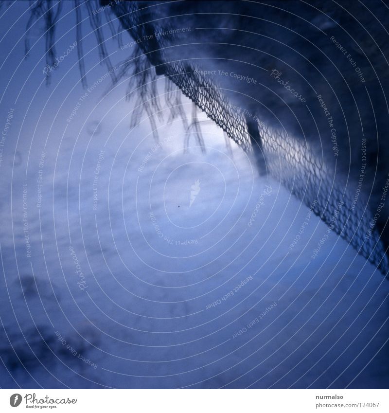 Zauberhafte Trennung Zaun Grenze Pfütze Spiegel Wolken Sträucher blau-grau Vordergrund Hintergrundbild abstrakt dezent Begleiter fein schön unsichtbar Wegrand