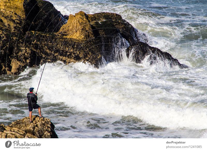 Der standhafte Angler Angeln Abenteuer Ferne Freiheit Mensch maskulin Junger Mann Jugendliche Umwelt Natur Landschaft Pflanze Tier Sommer Felsen Wellen Küste