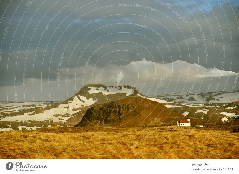 Island Umwelt Natur Landschaft Urelemente Himmel Wolken Klima Berge u. Gebirge Schneebedeckte Gipfel Gletscher Vulkan Snæfellsnes Kirche leuchten