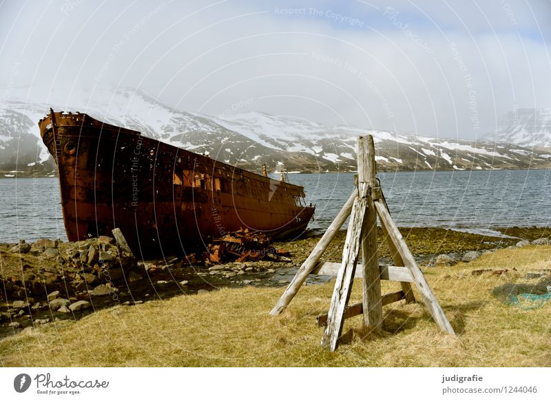 Island Umwelt Natur Landschaft Klima Wetter Eis Frost Berge u. Gebirge Gipfel Schneebedeckte Gipfel Fjord Westfjord Schifffahrt Fischerboot alt kalt kaputt