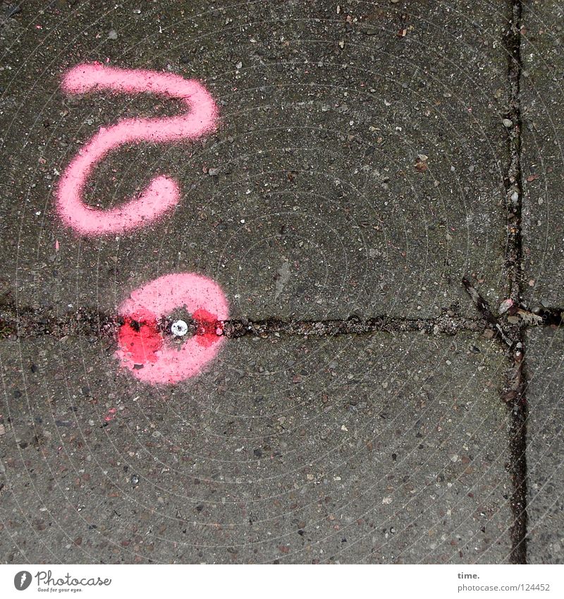 Lebensfragen Steinplatten Beton offen Fragezeichen rosa Furche Fuge Grünpflanze Gemälde Wachsamkeit typisch schillernd rot Graffiti Wandmalereien Verkehrswege