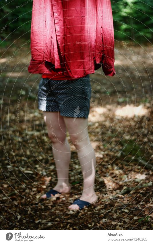 pZ3 | hinter der Leine Junge Frau Jugendliche Beine Fuß 30-45 Jahre Erwachsene Blatt Sträucher Wald Schuhe Shorts Hemd rot stehen einzigartig natürlich dünn