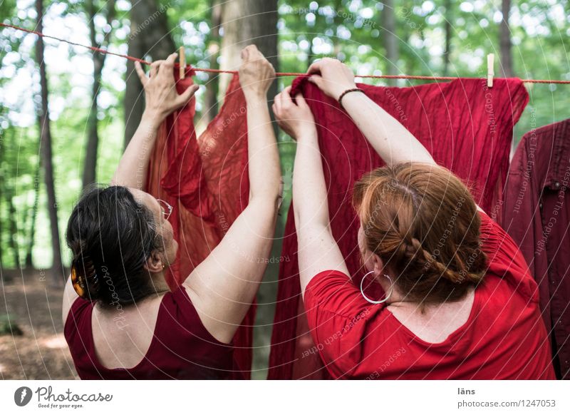pZ3 l Wäsche aufhängende Frauen Mensch feminin Leben 2 Baum Wald Zusammensein rot Gelassenheit Fürsorge Wäscheleine Außenaufnahme Rückansicht Blick nach hinten