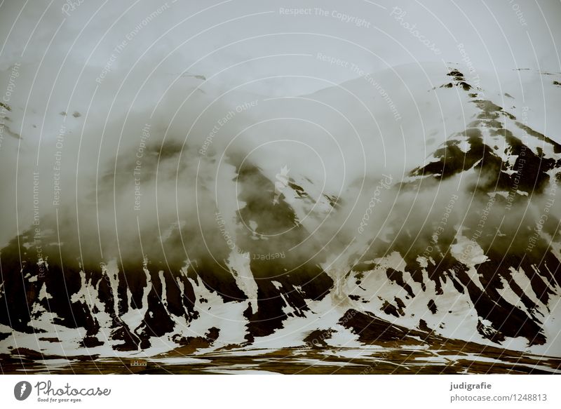 Island Umwelt Natur Landschaft Urelemente Wolken Klima schlechtes Wetter Berge u. Gebirge Schneebedeckte Gipfel bedrohlich dunkel kalt natürlich wild Stimmung