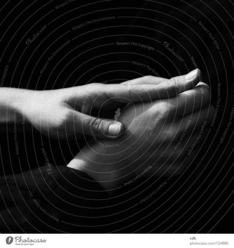 Verbindung halten | Hände | Gesten Hand Finger Gelenk Daumen Fingernagel Licht Quadrat dunkel rein einfach berühren Gefühle begreifen erfassen Streicheln