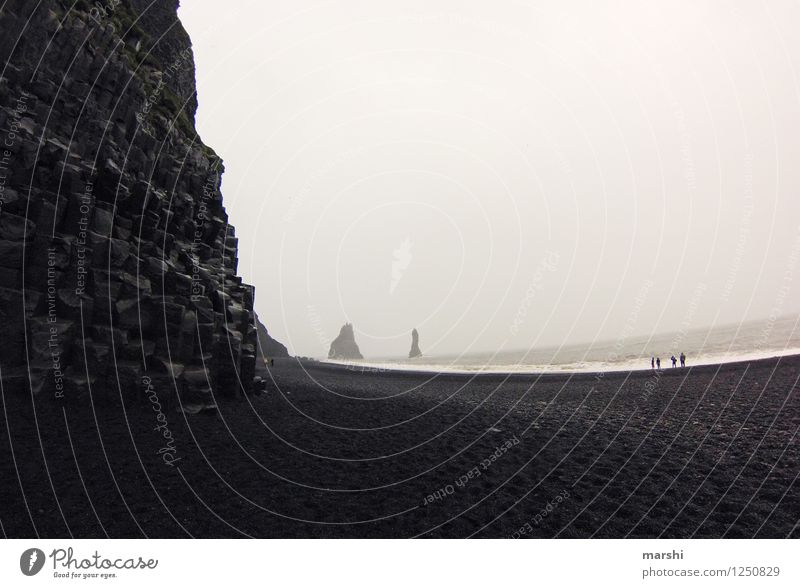 Felsnadeln im Nebel Natur Landschaft Sommer Klima Wetter Sturm Regen Küste Strand Meer Insel Gefühle Stimmung Island Reisefotografie Schwarzweißfoto dunkel