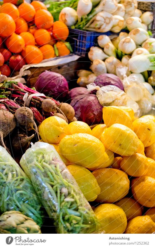 frisch! Lebensmittel Gemüse Frucht Orange Zwiebel Knoblauch Bohnen Zitrone Ernährung Vegetarische Ernährung kaufen Fes Marokko Gesundheit braun mehrfarbig gelb