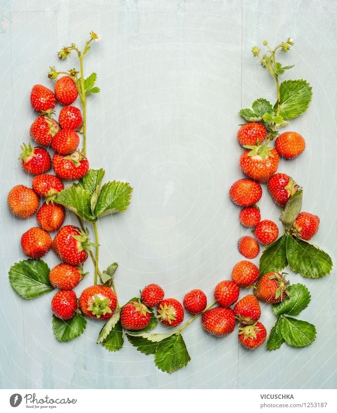 Erdbeeren mit Blüten und Blättern , Rahmen Lebensmittel Frucht Dessert Ernährung Frühstück Bioprodukte Vegetarische Ernährung Diät Stil Design Gesunde Ernährung