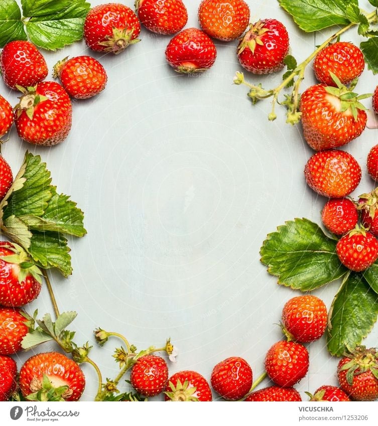 Hintergrund mit Erdbeeren Rahmen Lebensmittel Frucht Ernährung Bioprodukte Vegetarische Ernährung Diät Stil Design Gesunde Ernährung Garten Natur