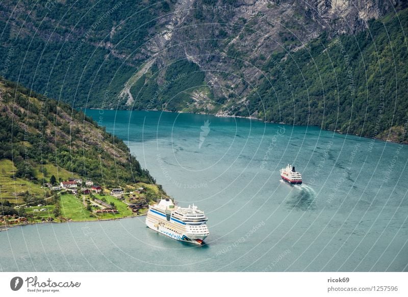 Kreuzfahrschiffe im Geirangerfjord Erholung Ferien & Urlaub & Reisen Kreuzfahrt Berge u. Gebirge Natur Landschaft Wasser Fjord Wasserfahrzeug Idylle Tourismus