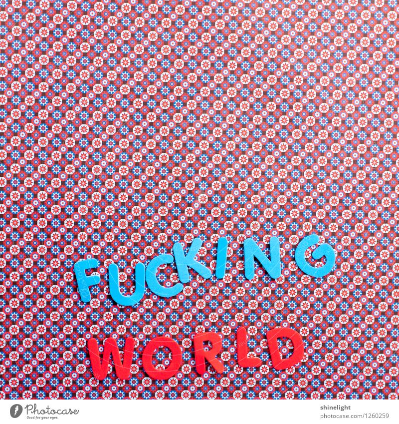 fucking world Schriftzeichen blau rot Gefühle Stimmung Erde Planet Globus Ferne Farbfoto mehrfarbig Textfreiraum oben