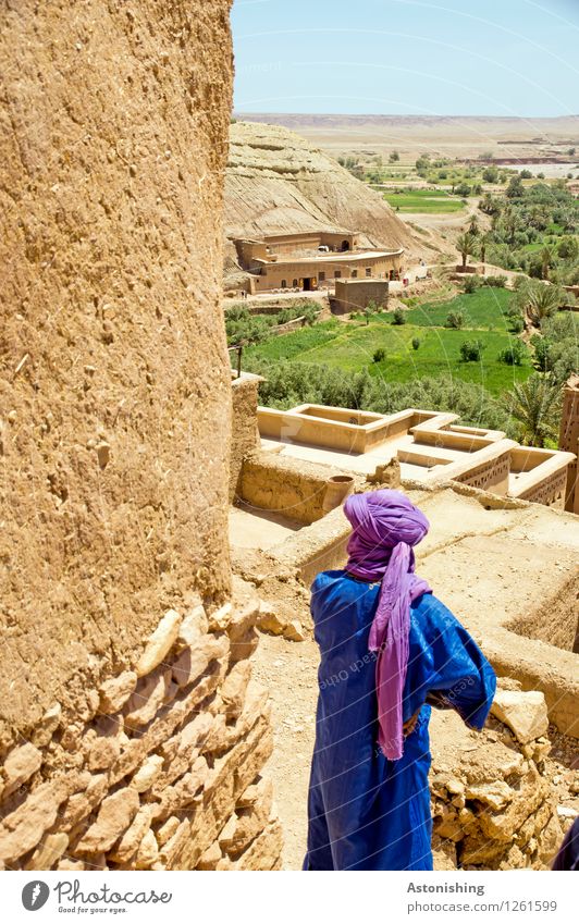 Berber in Aït-Ben-Haddou Mensch maskulin Körper 1 Umwelt Natur Landschaft Pflanze Sommer Palme Wiese Hügel Wüste Oase Ait Benhaddou Marokko Afrika Stadt Mauer
