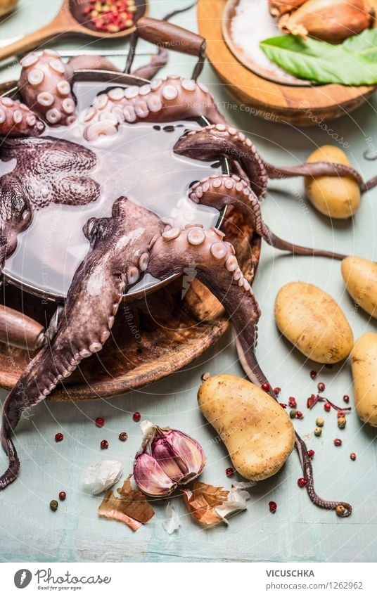 Octopus in dem Topf mit Wasser Lebensmittel Meeresfrüchte Gemüse Kräuter & Gewürze Öl Ernährung Mittagessen Abendessen Bioprodukte Vegetarische Ernährung Diät
