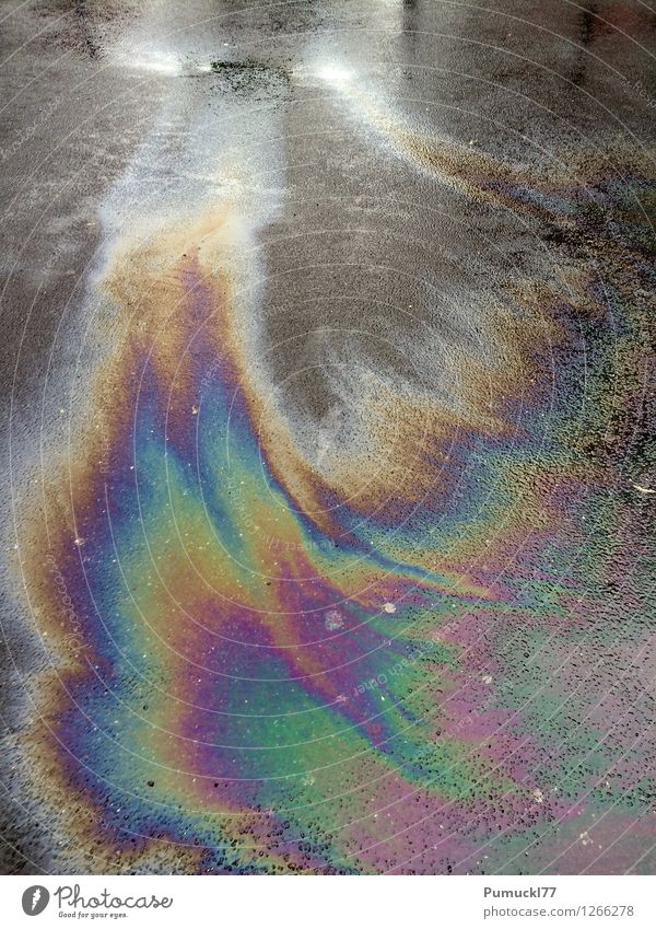 Asphaltmalerei Regen Straße Beton Erdöl Wasser ästhetisch dreckig Flüssigkeit glänzend nass Stadt mehrfarbig grau Umweltverschmutzung Kaugummi ölig
