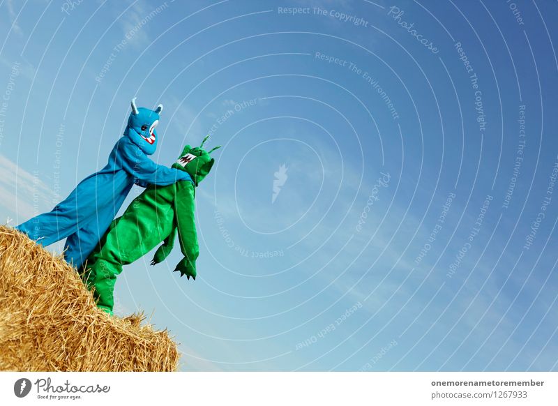 WÜRG Kunst Kunstwerk Abenteuer ästhetisch Monster Außerirdischer grün blau Karnevalskostüm Ungeheuer Stroh Blauer Himmel würgen Gewalt schlagen kämpfen