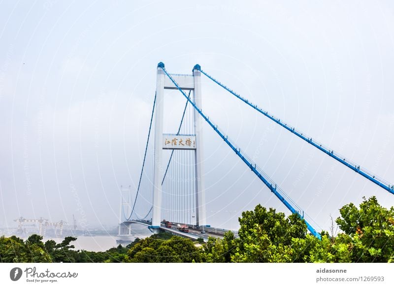 Hängebrücke in Jiangyin Stadt Brücke Bewegung Jiangsu Autobrücke jangtze Fluss Farbfoto Außenaufnahme Menschenleer Tag Totale
