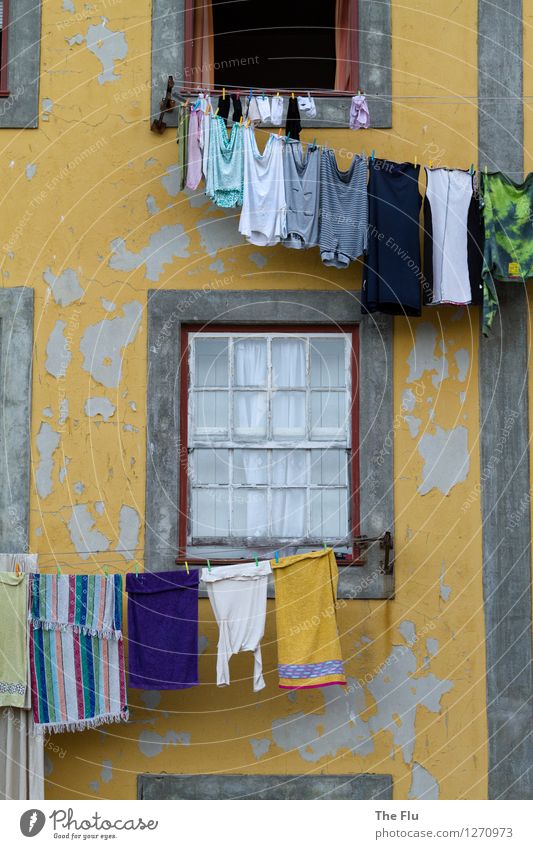 Waschtag Häusliches Leben Wohnung Haus Porto Portugal Europa Stadt Altstadt Menschenleer Fassade Fenster Hemd Unterwäsche Sauberkeit blau gelb grau weiß fleißig