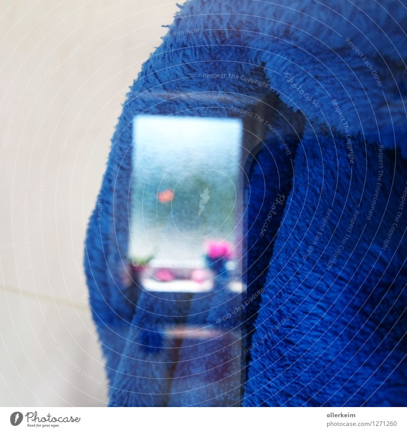 Fensterspiegelung im Frottee Raum Bad Bekleidung Mantel Bademantel Spiegelbild Frottée Fensterbrett Unschärfe Reflexion & Spiegelung hell kuschlig weich blau