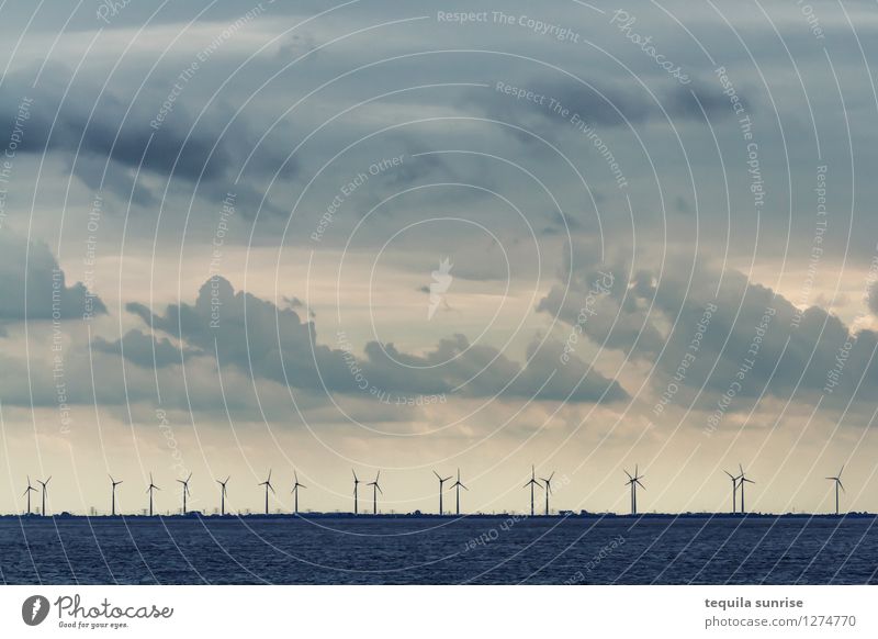 Windkraft Energiewirtschaft Erneuerbare Energie Windkraftanlage Himmel Wolken Horizont Küste Strand Nordsee Eemshaven Hafenstadt kalt blau grau Farbfoto